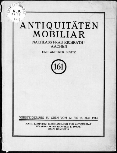 Katalog einer Sammlung von Antiquitäten, Kunstgegenständen Mobiliar […] : [vente du 12 mai 1914]