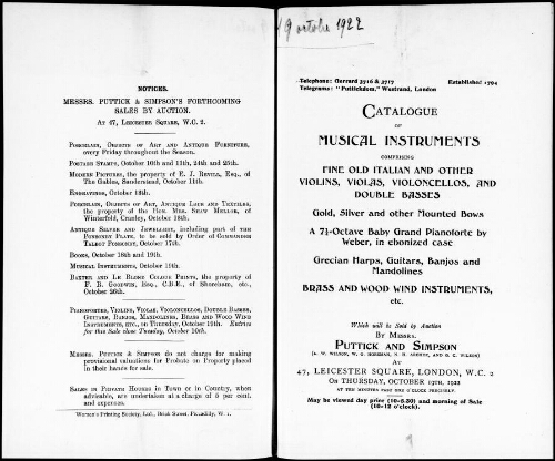 Catalogue of musical instruments comprising fine old Italian and other violins, violas, violoncellos, and double basses [...] : [vente du 19 octobre 1922]