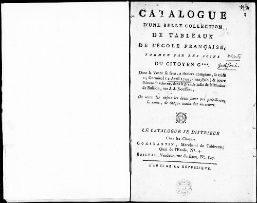 Catalogue d’une belle collection de tableaux de l’école française, formée par les soins du citoyen G*** [...] : [vente du 2 avril 1794]