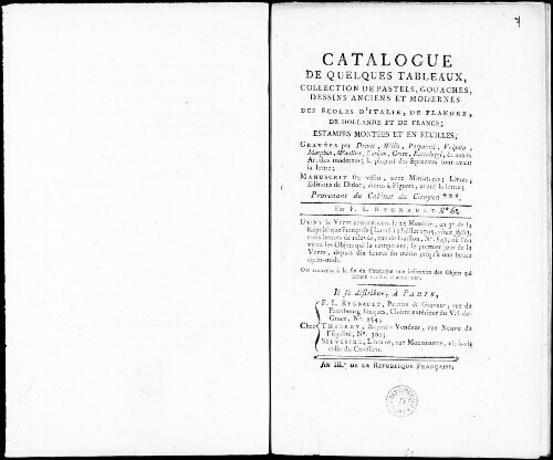 Catalogue de quelques tableaux, collection de pastels, gouaches, dessins anciens et modernes [...] : [vente du 13 juillet 1795]