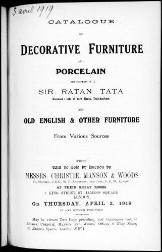 Catalogue of decorative furniture and porcelain [...] : [vente du 3 avril 1919]