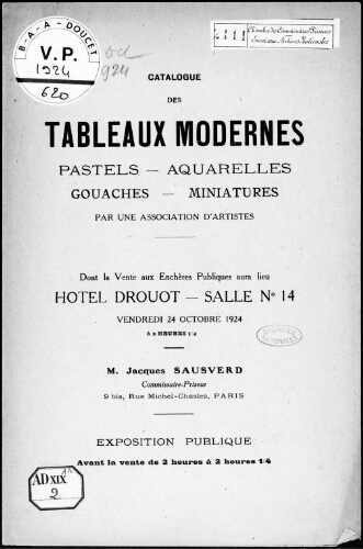 Catalogue des tableaux modernes, pastels, aquarelles, gouaches, miniatures par une association d'artistes [...] : [vente du 24 octobre 1924]