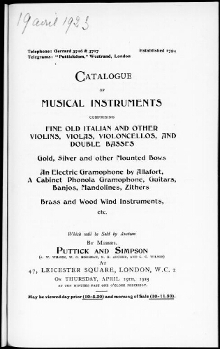 Catalogue of musical instruments, comprising fine old Italian and other violins, violas, violoncellos, and double basses [...] : [vente du 19 avril 1923]