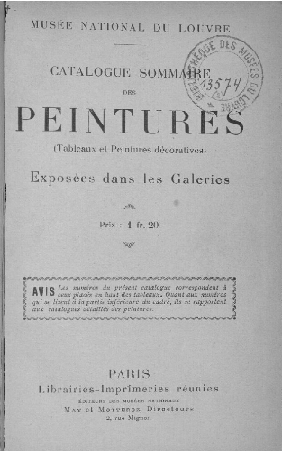 Catalogue sommaire des peintures exposées dans les galeries du Musée National du Louvre