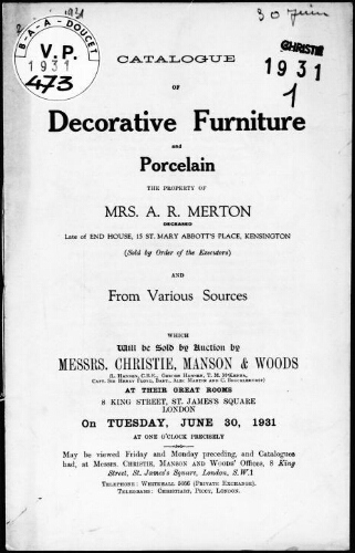 Catalogue of decorative furniture and porcelain, the property of Mrs. A. R. Merton […] : [vente du 30 juin 1931]