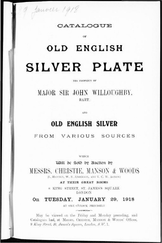 Catalogue of old English silver plate […] : [vente du 29 janvier 1918]