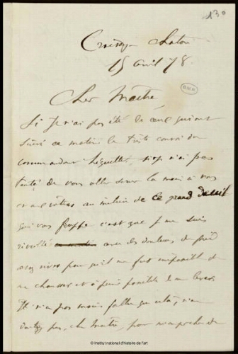 Lettre de condoléances adressée à Jean-Louis-Ernest Meissonier, 15 avril 1878