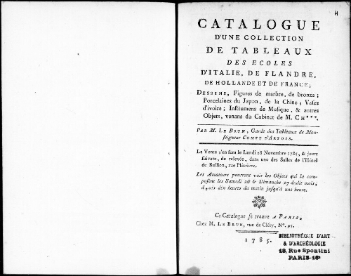 Catalogue d'une collection de tableaux des écoles d'Italie, de Flandre, de Hollande et de France [...] : [vente du 28 novembre 1785]