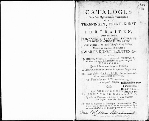 Catalogus van een uytmuntonde verzameling van tekeningen, prent-kunst en portraiten, door de eerfte italiaansche, fransche, engelshe en nederlandsche meesters [...] : [vente du 19 novembre 1772]