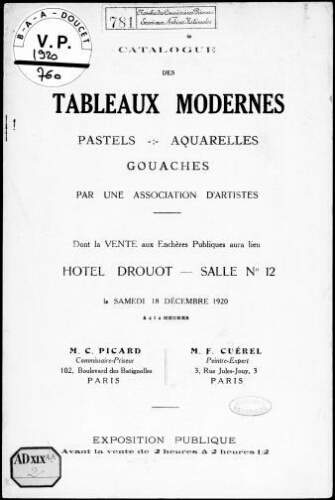 Catalogue des tableaux modernes, pastels, aquarelles, gouaches, par une association d'artistes [...] : [vente du 18 décembre 1920]