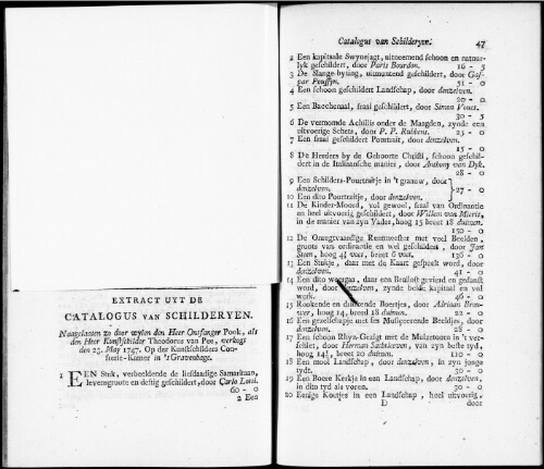 Extract uyt de Catalogus van Schilderyen naagelaaten zo door wylen den Heer Ontfanger Pook [...] : [vente du 23 mai 1747]