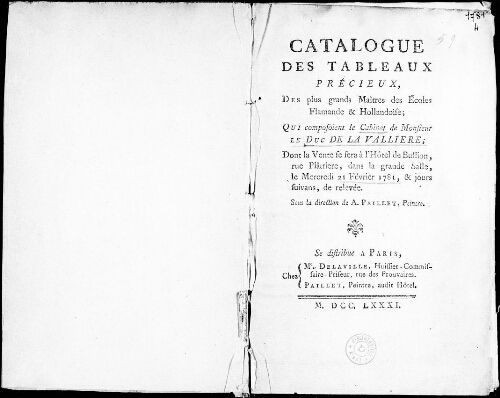 Catalogue des tableaux précieux, des plus grands maîtres des écoles flamande et hollandaise, qui composaient le cabinet de monsieur le duc de La Vallière [...] : [vente du 21 février 1781]