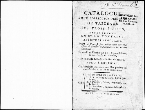 Catalogue d’une collection précieuse de tableaux des trois écoles [...] : [vente du 12 décembre 1798]