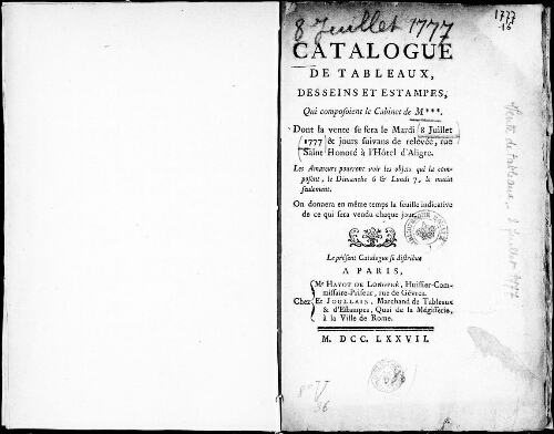 Catalogue de tableaux, dessins et estampes, qui composaient le cabinet de M*** [...] : [vente du 8 juillet 1777]