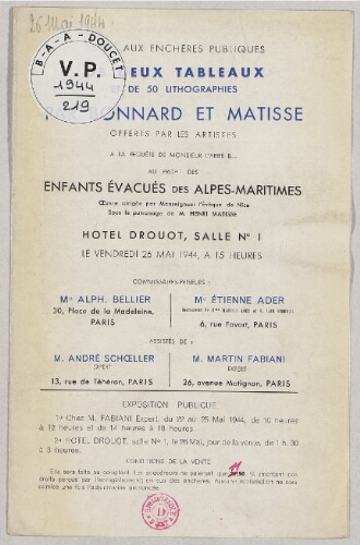 Vente aux enchères publiques de deux tableaux et de 50 lithographies par Bonnard et Matisse [...] : [vente du 26 mai 1944]