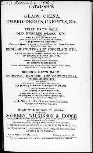 Catalogue of glass, China, embroideries, carpets, etc. [...] : [vente des 12 et 13 décembre 1923]
