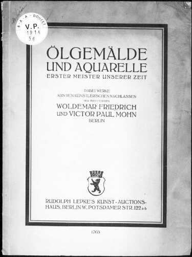 Olgemälde und Aquarelle erster Meister unserer Zeit [...] : [vente du 10 février 1914]