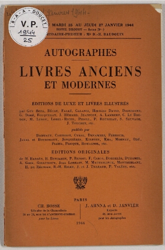 Autographes, livres anciens et modernes : [vente du 25 au 27 janvier 1944]