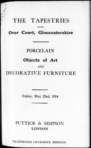 Catalogue of the tapestries from Over Court, Gloucestershire […] : [vente du 22 mai 1914]