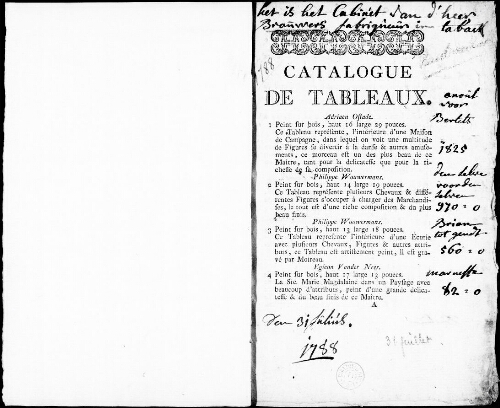 Catalogue d’un très-beau et riche cabinet de tableaux [...] : [vente du 31 juillet 1788]