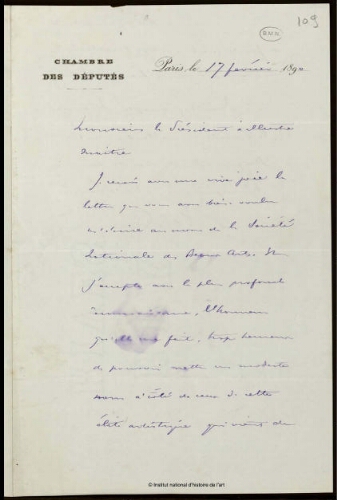 Lettre de la Chambre des députés à Jean-Louis-Ernest Meissonier, 17 février 1890