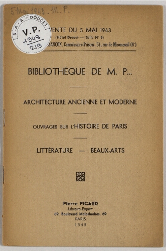 Bibliothèque de M. P... [...] : [vente du 5 mai 1943]