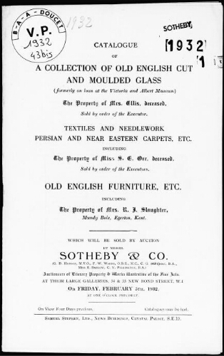 Collection of old English cut and moulded glass […], the property of Mrs. Ellis […] : [vente du 5 février 1932]