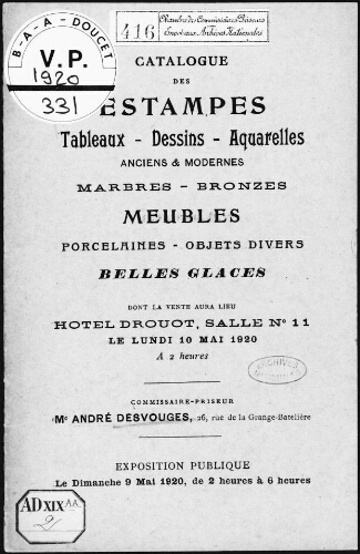 Catalogue des estampes, tableaux, dessins, aquarelles [...], meubles, belles glaces [...] : [vente du 10 mai 1920]