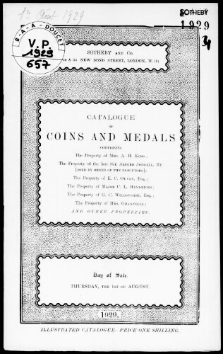 Catalogue of coins and medals, the property of Mrs. A. H. Kidd, the property of the late Sir Alfred Jodrell, Baronet [...] : [vente du 1er août 1929]