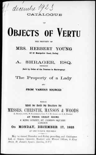 Catalogue of objects of vertu, the property of Mrs. Herbert Young [...] : [vente du 17 décembre 1923]