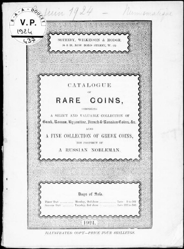 Catalogue of rare coins [...] : [vente des 2 et 3 juin 1924]