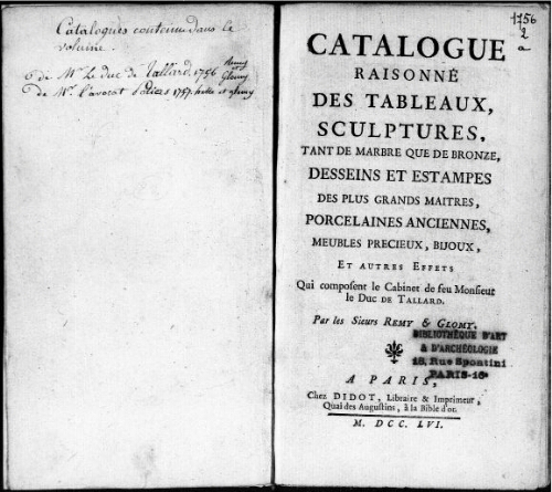 Catalogue raisonné des tableaux, sculptures, tant de marbre que de bronze [...] : [vente du 22 mars 1756]