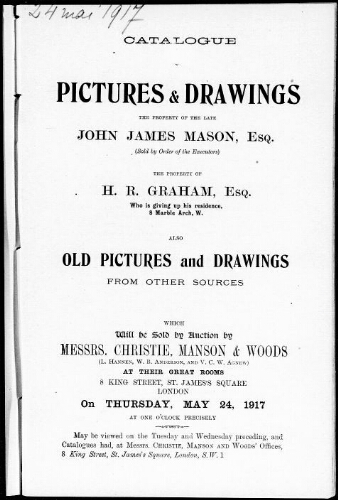 Catalogue [of] pictures and drawings […] : [vente du 24 mai 1917]