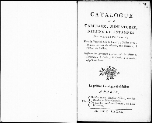 Catalogue de tableaux, miniatures, dessins et estampes du meilleur choix [...] : [vente du 9 juin 1781]