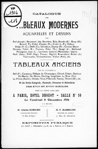 Catalogue des tableaux modernes, aquarelles et dessins […] : [vente du 8 décembre 1916]