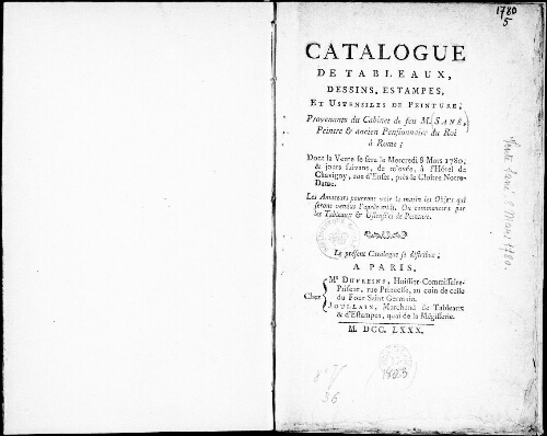 Catalogue de tableaux, dessins, estampes, et ustensiles de peinture, provenant du Cabinet de feu M. Sané [...] : [vente du 8 mars 1780]
