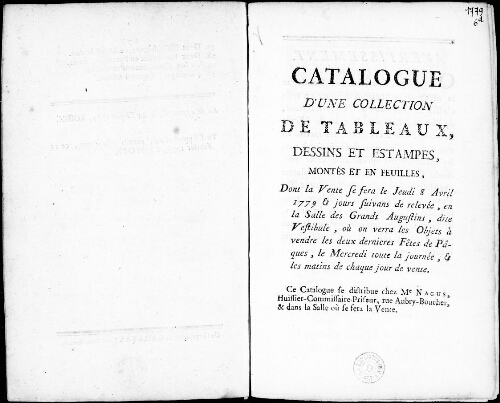 Catalogue d’une collection de tableaux, dessins et estampes, montés et en feuilles […] : [vente du 8 avril 1779]