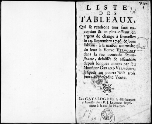 Liste des tableaux [...] de feue la Veuve Vervoort  : [vente du 19 septembre 1746]