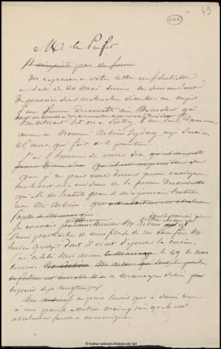 Brouillon de lettre de Jean-Louis-Ernest Meissonier à Monsieur le Préfet, [s.d.]