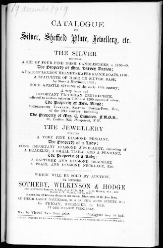 Catalogue of silver, Sheffield plate, jewellery, etc. [...] : [vente du 19 décembre 1919]