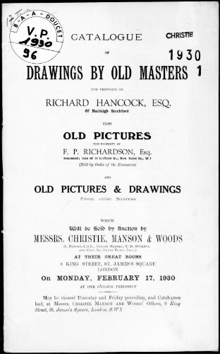 Catalogue of drawings by old masters, the property of Richard Hancock [...] : [vente du 17 février 1930]