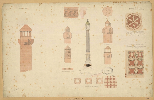 Perugia, cheminées, lanternes, corniche en brique près l'Eglise de Saint-Pierre [...]