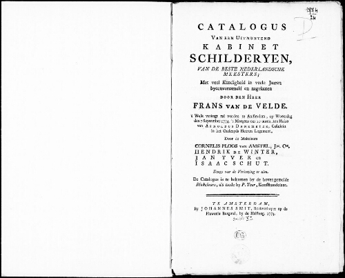Catalogus van een uitmuntend kabinet Schilderyen, van de beste Nederlandsche meesters [...] : [vente du 7 septembre 1774]