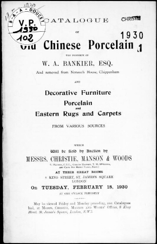 Catalogue of old Chinese porcelain, the property of W. A. Bankier [...] : [vente du 18 février 1930]