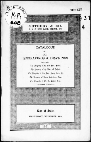 Catalogue of old engravings and drawings, including the property of the late Mrs. Hearn [...] : [vente du 11 novembre 1931]