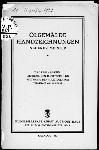 Ölgemälde Handzeichnungen neuerer Meister : [vente des 10 et 11 octobre 1922]