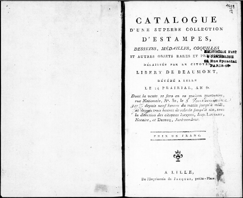 Catalogue d'une superbe collection d’estampes, dessins, médailles, coquilles et autres objets rares [...] : [vente du 29 septembre 1798]