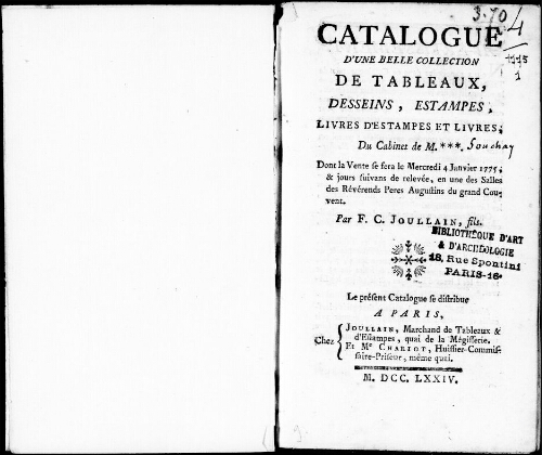 Catalogue d'une belle collection de tableaux, dessins, estampes, livres d'estampes et livres, du cabinet de M.*** [...] : [vente du 4 janvier 1775]