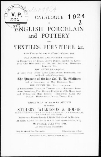 Catalogue of English porcelain and pottery [...] : [vente du 25 juillet 1924]