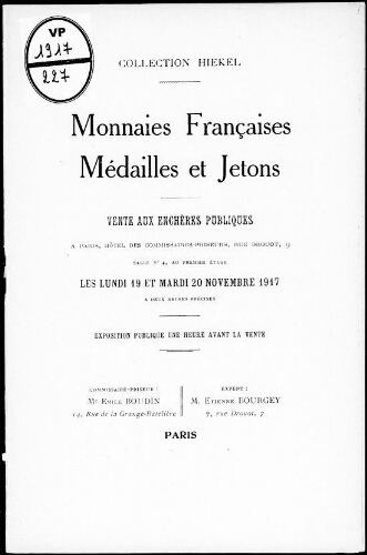 Collection Hiekel ; Monnaies françaises, médailles et jetons […] : [vente des 19 et 20 novembre 1917]